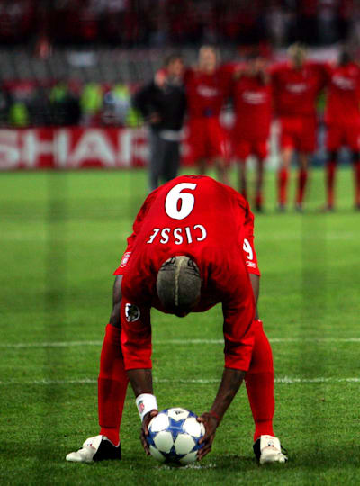 Liverpool's Djibril Cissé places the ball on the penalty spot in the UEFA Champions League final in Istanbul, May 25, 2005.