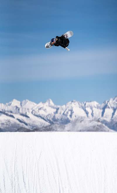 In 2024, Anna Gasser soars through Saas-Fee's alpine scenery during Red Bull's Performance camp