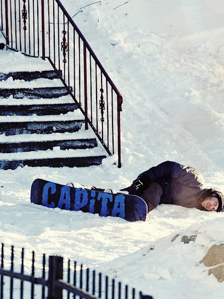 Snowboarder Johnny O’Connor after a crash landing