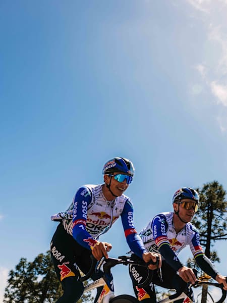 Remco Evenepoel and Florian Lipowitz riding at the Teide training camp