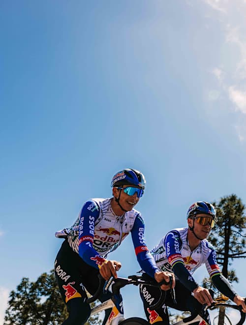 Remco Evenepoel and Florian Lipowitz riding at the Teide training camp