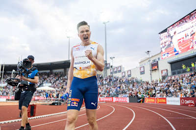 Karsten Warholm celebrates during Bislett Games in Oslo, Norway, on June 15, 2023. 