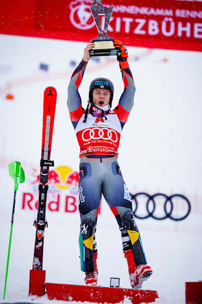 Lucas Braathen of Norway celebrates second place during FIS World Cup slalom in Kitzbuhel, Austria on January 22, 2022.