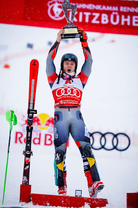 Lucas Braathen of Norway celebrates second place during FIS World Cup slalom in Kitzbuhel, Austria on January 22, 2022.