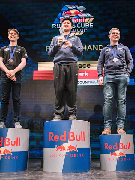 Max Park stands on top of the Fast Hand podium during the Red Bull Rubik's Cube World Cup 2019 in Moscow, Russia on November 17, 2019.