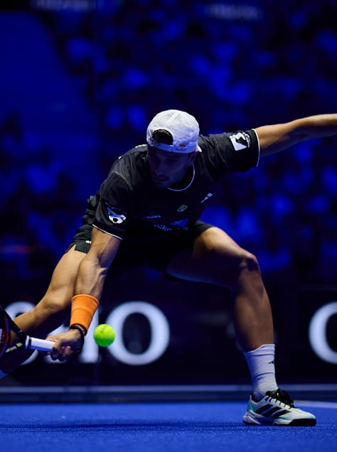 Alejandro Galán strikes a powerful forehand during the Premier Padel P1 Madrid quarter-finals in Spain, on 4 September 2026