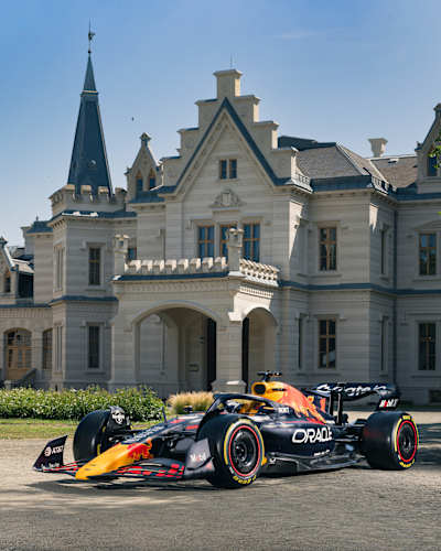 Red Bull Static Show Car RB19 seen in front of the Nadasdy Castle in Nadasladany, Hungary on June 21, 2025