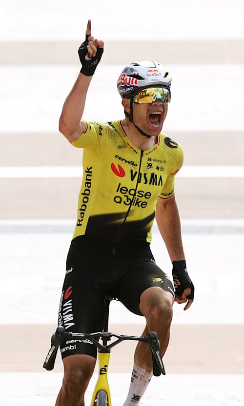 Wout van Aert celebrates at the finish line as race winner ahead of Tadej Pogacar at the 123rd Paris-Roubaix in 2026