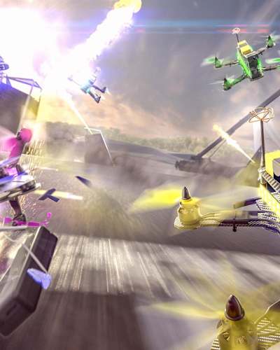 An artistic image of drone racing for the Red Bull DR.ONE event taking place in September 2017.