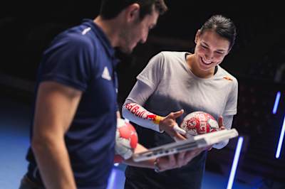 Handball player Cristina Neagu of Romania is seen during the filming of 'The science behind Cristina Neagu’s unstoppable shot' in Bucharest, Romania.