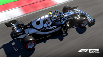 Screenshot of an AlphaTauri car in F1 2021