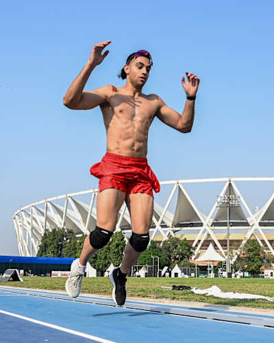 Mann Sharma during his burpee broad jump marathon attempt in Delhi, India on October 14, 2025.