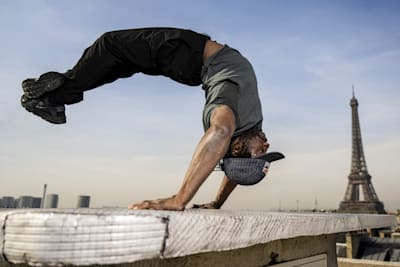 B-Boy Junior from France poses for a portrait on a rooftop of Paris, France on February 9, 2023. 