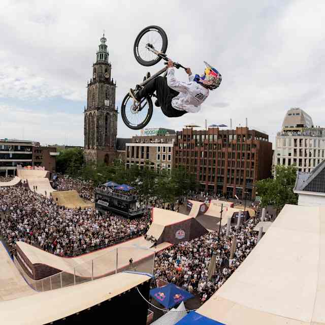 Erik Fedko throws down a massive trick above a packed crowd during Red Bull District Ride in Groningen, Netherlands on July 25, 2026.