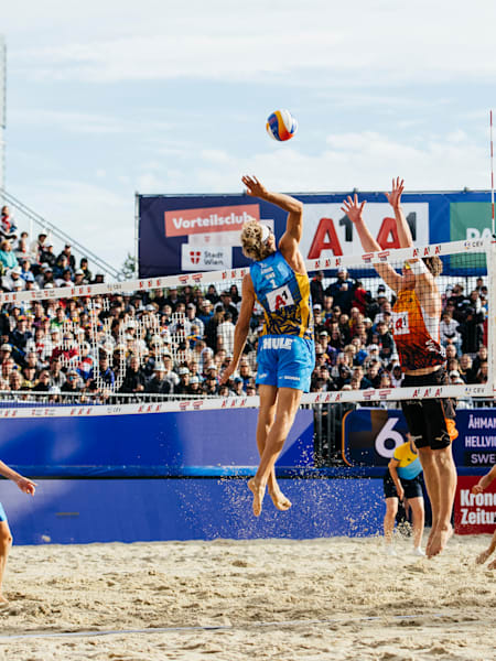David Ahman and Jonatan Hellvig competing at the A1 CEV BeachVolley Nations Cup 2023 in Vienna, Austria on August 6, 2023