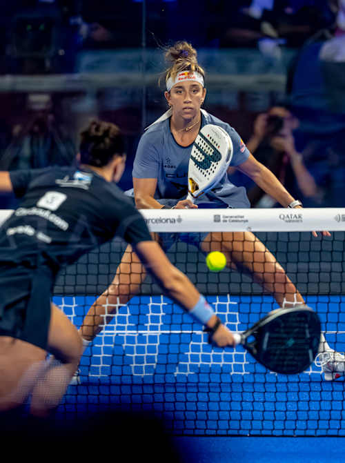 Bea González and Claudia Fernández showcase dynamic padel skills during the Premier Padel 2025 Finals semifinals in Barcelona, Spain, highlighting Red Bull's thrilling sporting energy