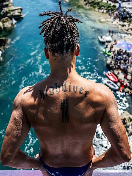 Nathan Jimerson of the USA prepares to dive during the Red Bull Cliff Diving World Series in Mostar, Bosnia and Herzegovina on September 8, 2023.