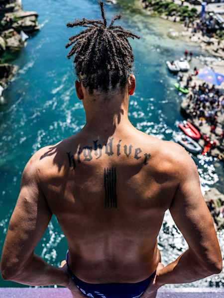 Nathan Jimerson of the USA prepares to dive during the Red Bull Cliff Diving World Series in Mostar, Bosnia and Herzegovina on September 8, 2023.