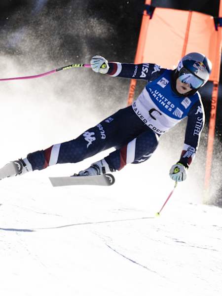 Lindsey Vonn skiing aggressively at Beaver Creek World Cup in 2024.