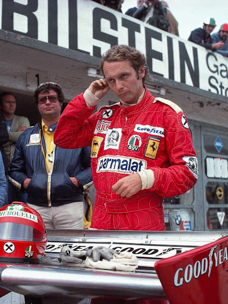 Niki Lauda pictured in the pits moments before his horrific accident at the 1976 German GP.