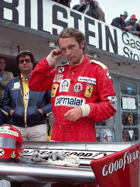 Niki Lauda pictured in the pits moments before his horrific accident at the 1976 German GP.