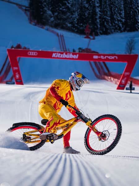 Fabio Wibmer as seen at the end of his ride on the Streif ski downhill course in Kitzbuehel, Austria