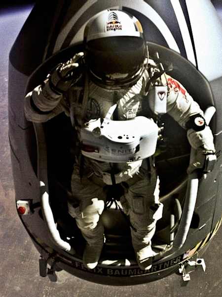 Pilot Felix Baumgartner of Austria jumps out from the capsule during the final manned flight for Red Bull Stratos in Roswell, New Mexico, on Oct. 14, 2012.
