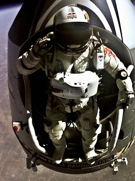 Pilot Felix Baumgartner of Austria jumps out from the capsule during the final manned flight for Red Bull Stratos in Roswell, New Mexico, on Oct. 14, 2012.