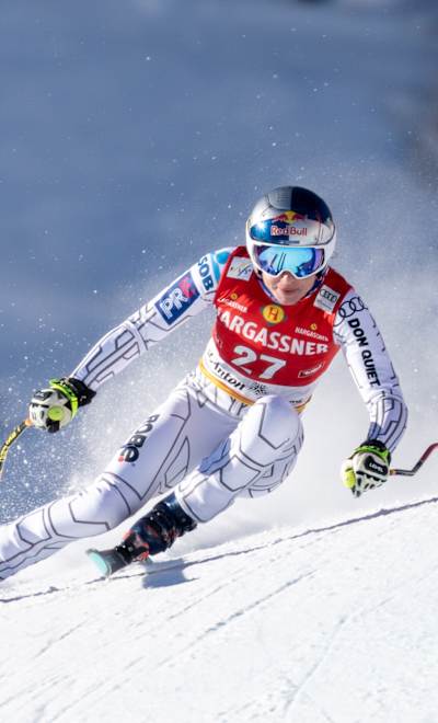 Ester Ledecka of Czech Republic in action during the women Downhill Race of FIS ski alpine world cup at the Karl Schranz Rennstrecke in St. Anton, Austria, on January 11, 2025.