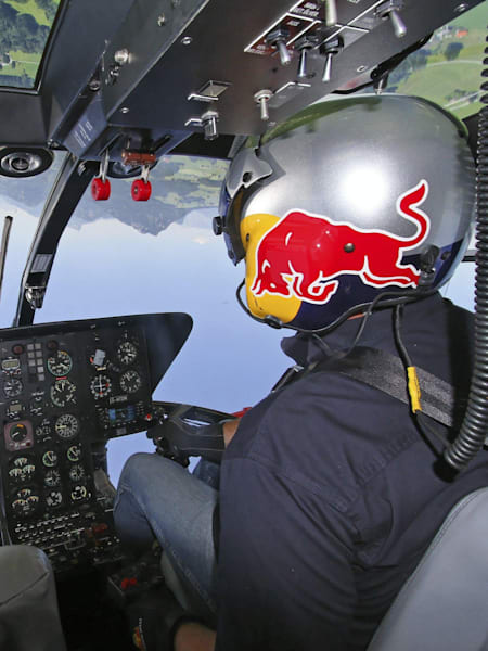 POV view of a Red Bull Flying Bulls helicopter pilot.
