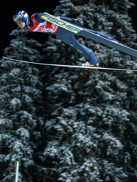 Andreas Wellinger (GER) performs at the FIS SKI JUMPING WOLRD CUP at Klingenthal, Germany on December 11, 2021.