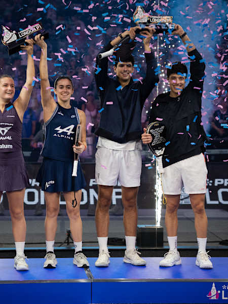 Martina Calvo, Claudia Fernandez, Arturo Coello and Agustin Tapia celebrate their 2026 Premier Padel London P1 final victory at Olympia, London.