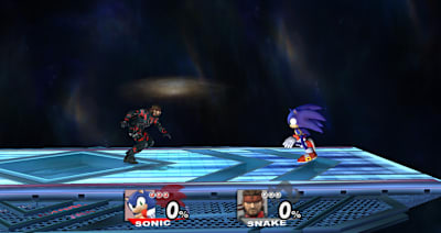 Snake and Sonic have at it on Final Destination in Super Smash Bros. Brawl.