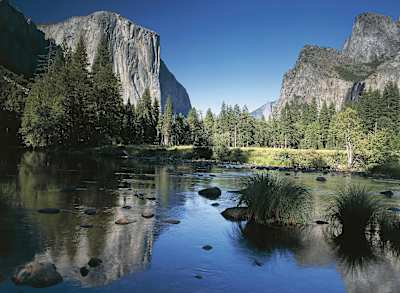 El Capitan seen from lake in Yosemite.