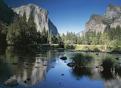 El Capitan seen from lake in Yosemite.