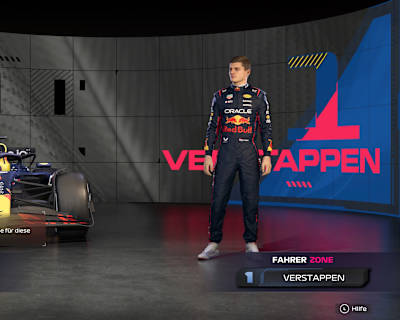 Screenshot aus F1 215 zeigt die F1 World Fanzone von Red Bull und Max Verstappen.