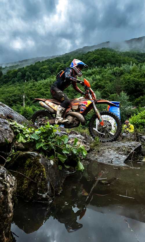 Trystan Hart of FMF KTM FACTORY RACING performs during the Red Bull Romaniacs in Sibiu, Romania, on July 26, 2023.