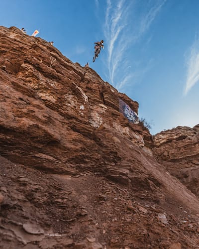 Gee Atherton pictured dropping off his 'Widow-Maker' featuring at Red Bull Rampage 2023 in Virgin, Utah, USA.
