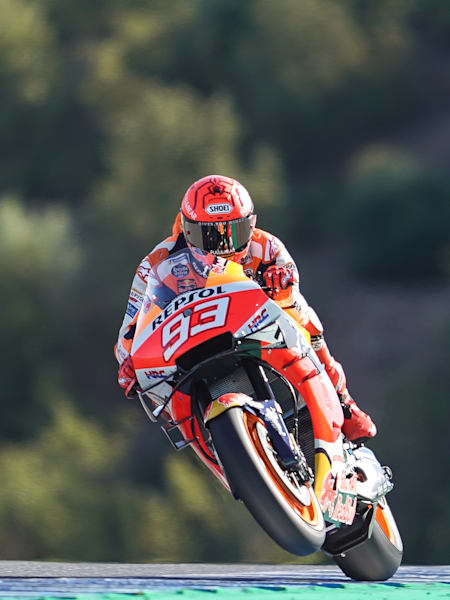 Marc Márquez durante los entrenamientos previos al Gran Premio de España en el Circuito de Jerez-Ángel Nieto, el 1 de mayo de 2021.