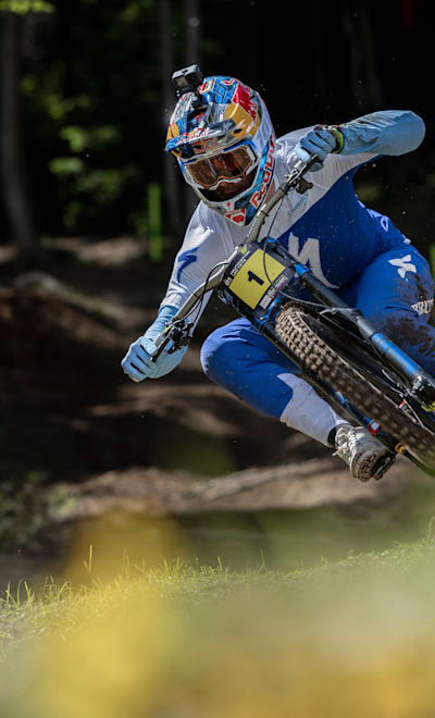 Loïc Bruni performs at UCI DH World Cup in Les Gets, France on July 6, 2024. 