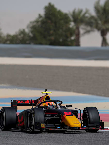 Jehan Daruvala drives around the bahrain International Circuit for F2 testing.