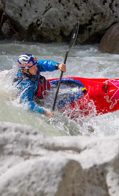 Adrian Mattern paddling the Devils Gorge of the Saalach River close to Lofer, Austria on July 5, 2020.
