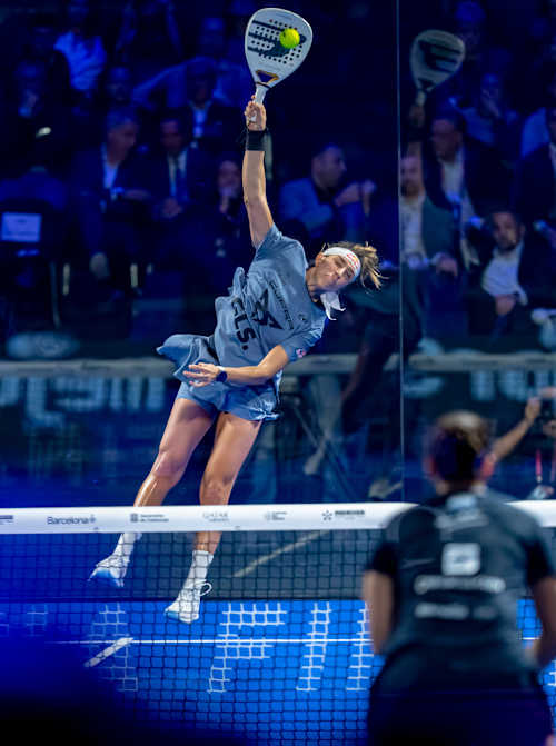 Bea González and Claudia Fernández competing in the semis of the Premier Padel 2025 Finals in Barcelona, Spain in 2025