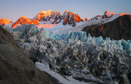 The Fox Glacier showing its beauty auring the last sunlight in the evening.