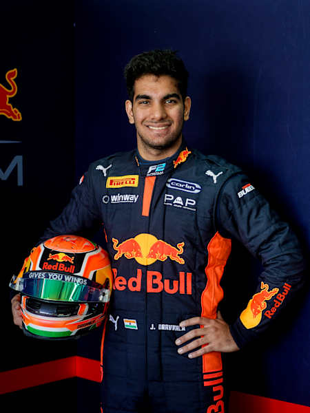 Jehan Daruvala poses for a photo amid F2 testing at the Bahrain International Circuit.