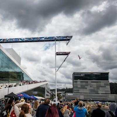 Alain Kohl of Luxembourg dives from the 27 metre platform at the Oslo Opera House during the first competition day of the Red Bull Cliff Diving Exhibition in Oslo, Norway on August 13, 2021.