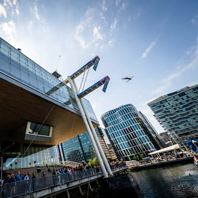 A view looking up towards the diving platforms on Boston’s waterfront.