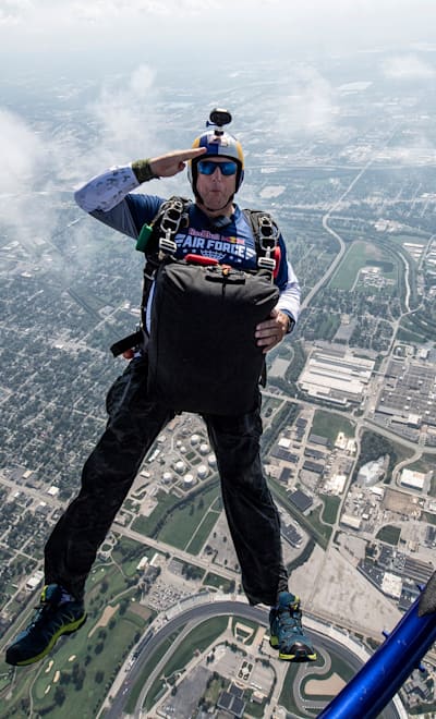 Luke Aikins jumps from a helicopter during a side act at the seventh round of the Red Bull Air Race World Championship at Indianapolis Motor Speedway, United States on October 7, 2018.
