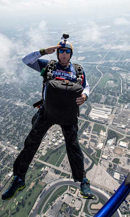 Luke Aikins jumps from a helicopter during a side act at the seventh round of the Red Bull Air Race World Championship at Indianapolis Motor Speedway, United States on October 7, 2018.