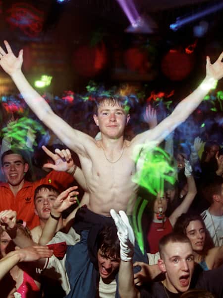 Guy on shoulders in a crowd, Hardcore Heaven Sanctuary, UK 1997